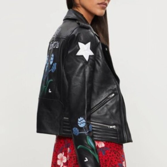 NWT Maje black leather patch embroidered “Dream Tomorrow” moto biker jacket, S - Picture 6 of 15